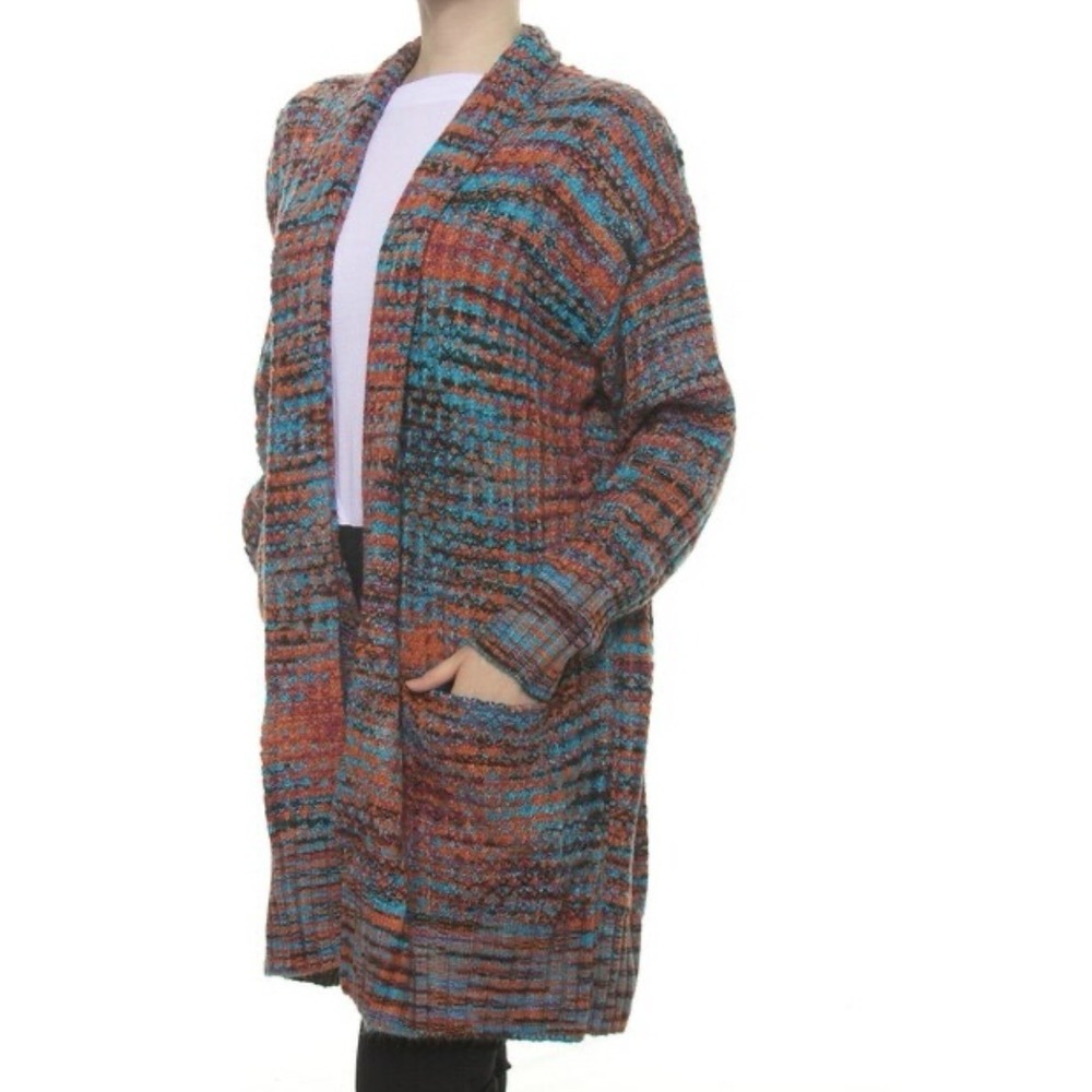 Black Tape XS Open Front Knit Cardigan Boho Colorful Long Sweater Pockets Gypsy